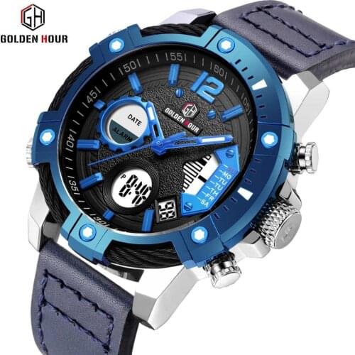GOLDENHOUR Military Sport Dual Time Digital Watch Men Alarm Date LED Clock Leather Waterproof Quartz Watches Top Brand Luxury