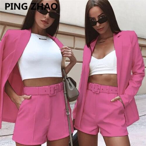 PING ZHAO 2021 Fashion 2 Piece Outfits Women Solid Casual Blazers High Waist Suit Short Pants Lady Sets Streetwear