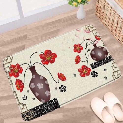 Doormat Chinese Style Bathroom Mat Red Ink Flower Plant Fish Lotus Scenery Non-Slip Rug Toilet Kitchen Doorway Aisle Carpet Pad