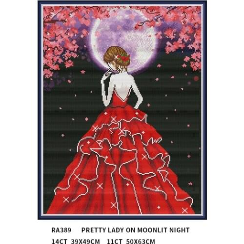 Pretty Lady on Moonlit Night Counted Cross Stitch Kit Embroidery Needlework Patterns 11CT 14CT Print Fabric Stamped Fabric Decor