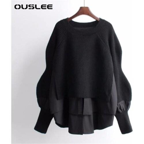 OUSLEE 2021 Autumn Winter Knitted Women Sweater Korean Style Casual Patchwork Pullover Female Lantern Sleeves Pull Femme Jumpers