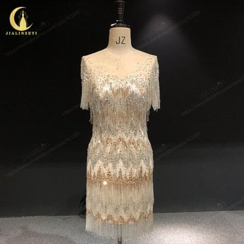 Rhine real Pictures Sexy Luxurious Beads Sequins Tassels Mini Length robes de bal Prom Dresses платье Champagne 2021 Party Dress