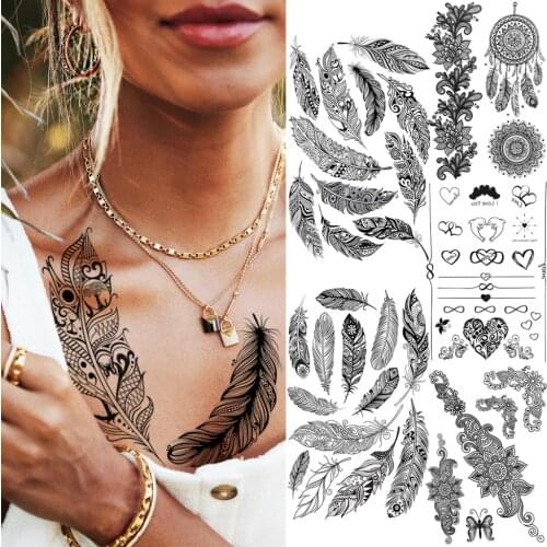 Realistic Black Feathers Temporary Tattoos For Women Adult Mandala Dream Catcher Henna Fake Tattoo Chest Waterproof Tatoos Decal