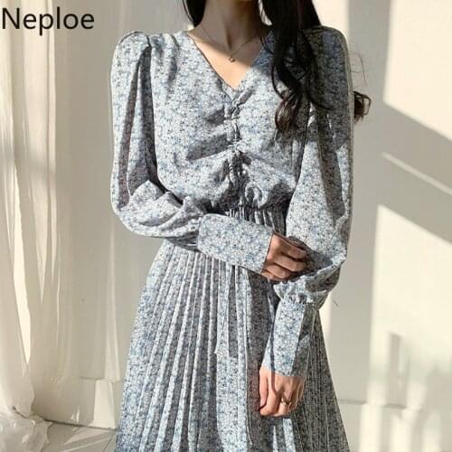 Neploe Korean Chic V Neck Print Drawstring Pleat Design Dress High Waist Hip Bohemian Holiday A Line Vestido V Neck Long Ropa