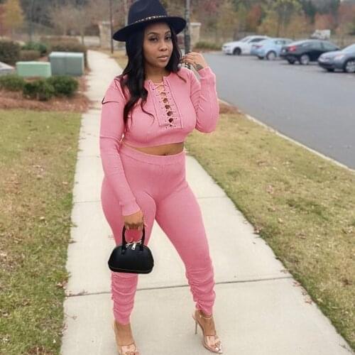 Streetwear Ribbed Bodycon Two Piece Set Winter Casual 2 Piece Sets Womens Outfits Elegant Lace Up Crop Top and Stacked Pants Set