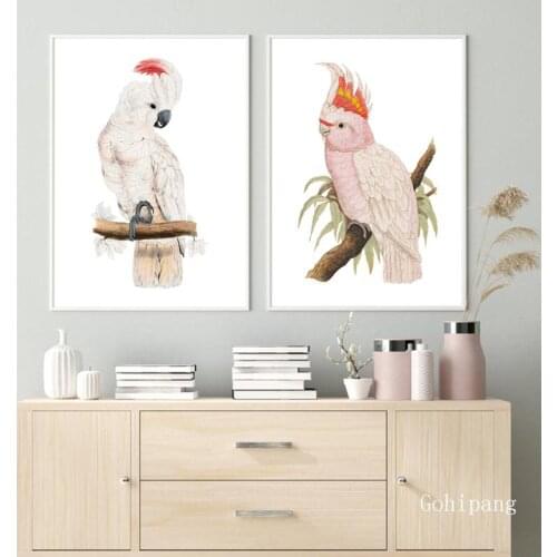 Vintage Colorful Bird Prints Pink Poster Watercolor Salmon-Crested Cockatoo Painting Canvas Pictures Living Room Wall Art Decor