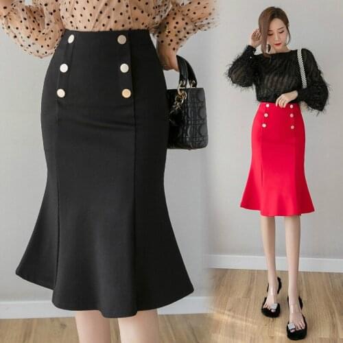 Midi Skirt 2020 New Fashion Double Breasted High Waist Package Hip Skirt Office Lady Elegant Ruffles Vintage Skirts Black/Red