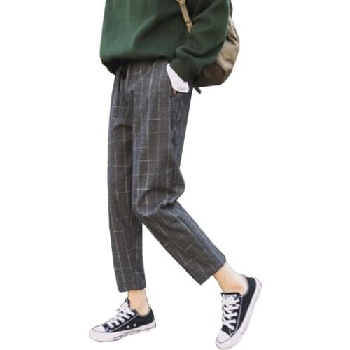 Women Casual Plaid Loose Waist Drawstring Harem Pants Long Slim Woolen Trousers Womens plaid striped pantaloons