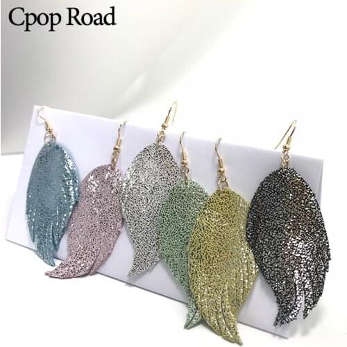 Cpop Fashion Feather Genuine Leather Earrings for Women Tassel Statement Glitter Dangle Earrings Fashion Jewelry Gift Wholesale
