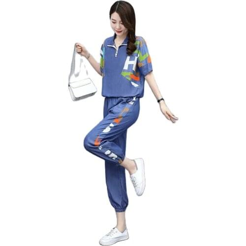 Tencel Denim Women Suit 2021 Summer New Letter Printed Pants Suit Short Sleeve Pullover Casual Fashion Sportswear Two-Piece Suit