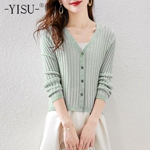 YISU Women Wool Autumn Casual Cardigan Solid color V-Neck Long sleeve Autumn tops 2021 New Single breasted Knitted Cardigan