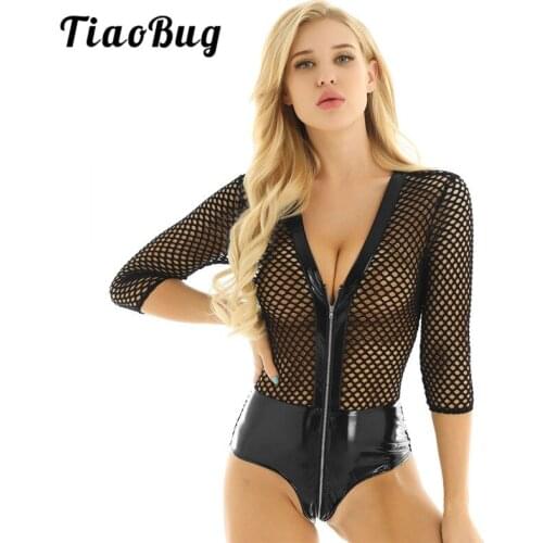 TiaoBug Women One-piece Faux Leather Fishnet Splice Swimwear Deep V High Cut Front Zipper Crotch Bodysuit Monokini Bathing Suit