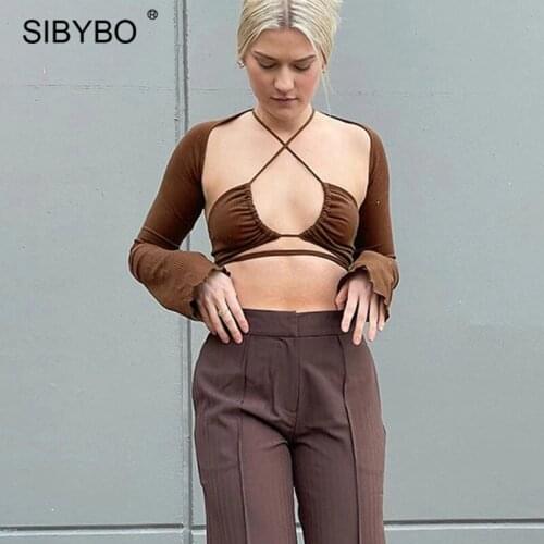 Sibybo Sexy Rib Y2K Hollow Out Crop Top Women Tee Shirt Casual Lace Up Corset Top And Long Sleeve Cardigan Two Piece Outfit 2021