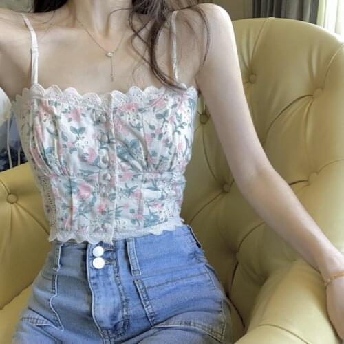 Summer Vintage Strap Bustiers Crop Women Lace Sexy Floral Elegant French Mini Corset Casual Print Y2k Bpho Beach halter top 2021