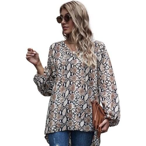 2021 autumn dress women loose leopard print long-sleeved chiffon top female V-neck hot sales of new products