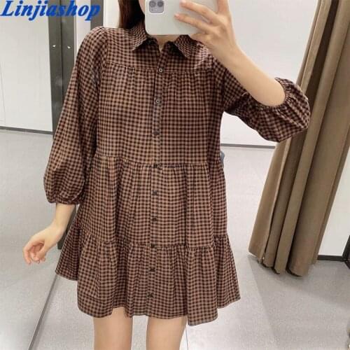 Women Vintage Turn Down Collar Plaid Print Casual Mini dress Female Three Quarter Sleeve Pleats Chic Vestidos