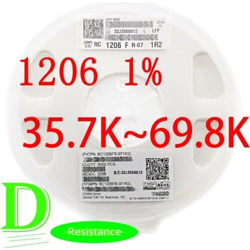 100PCS SMD Resistor RC Series 1206 1% Origina RC1206FR-07 Series 35.7K-69.8K All resistors 36K 39K 43K 47K 51K 56K 62K 68K