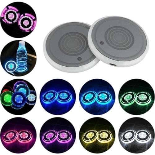 2pcs 7 Colorful LED Car Cup Holder USB Charging Mat Coaster Anti-skid Pad Changing Lights Car Interior Sensor Atmosphere Light