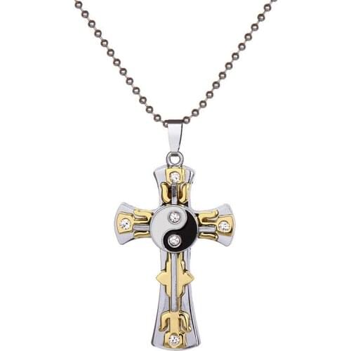 2019 New Vintage Cross Necklace Men and Women Tai Chi Gossip Cross with Crystal Pendant Necklace Yin and Yang Couple Necklace