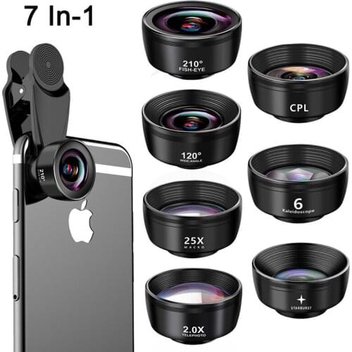 7-in-1 HD Teleconverter Lens Wide-Angle Macro Fish-Eye Universal Mobile Lens With Clip For iPhone, Xiaomi, One Plus