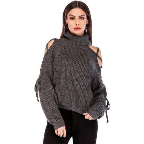 AECU Turtleneck Women Sweater Winter Sweaters Pullover Shoulder With Belt Femme Pull Loose Sexy Lady Knitting Pullover Jumpers