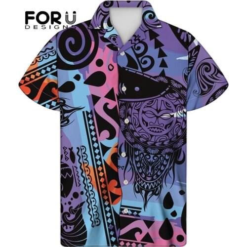 FORUDESIGNS Men Summer Shirts Short Sleeve Samoan Tribe Polynesian Style Breathable Harajuku Loose Buttons Shirt Chemise Homme