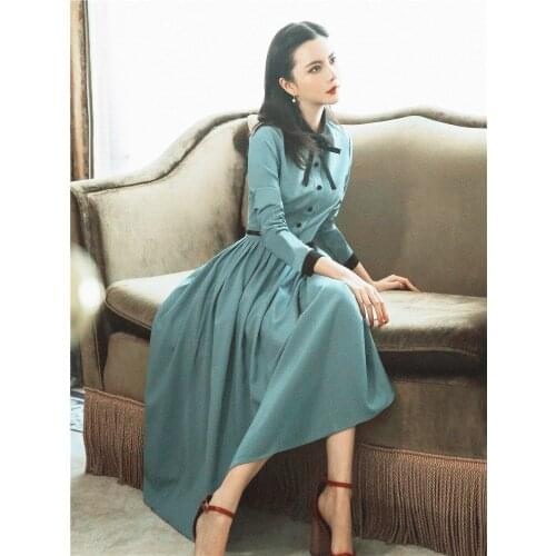 2018 new fashion women dresses autumn retro vestidos long-sleeved slim high waist pleated hem long dress