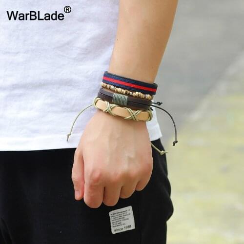 WarBLade 2018 New Fashion Leather Braided Bracelet Men Vintage Charm Beads Bracelet Bangle Punk Wrap Wristband For Male 4pcs/Set