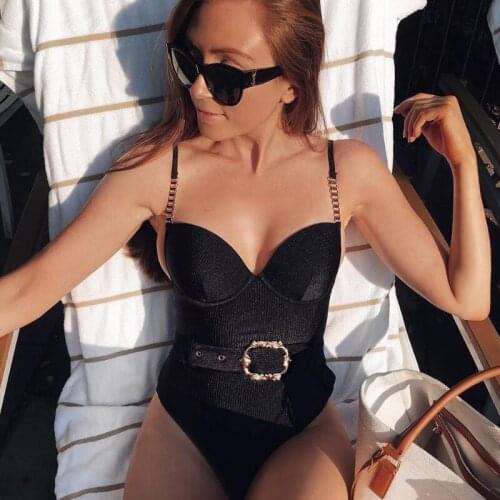 Solid Color Women Backless One Piece Swimwear Sexy Metal Waist Belt Buckle Beachwear Bathing Swimsuit Female Monokini Bikini