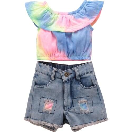 OPPERIAYA Baby Girls 2Pcs lovely Clothes Set Sleeveless Ruffled Boat Neck Colorful Short Tops with Short Ripped Jeans for Summer