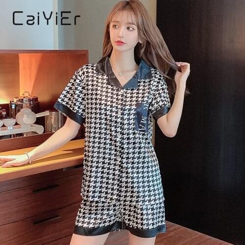 CAIYIER Pajamas Women Silk Summer Short Sleeve Shirts+Shorts Nighties Turn-down Collar High-end Houndstooth Printing Sleepwear