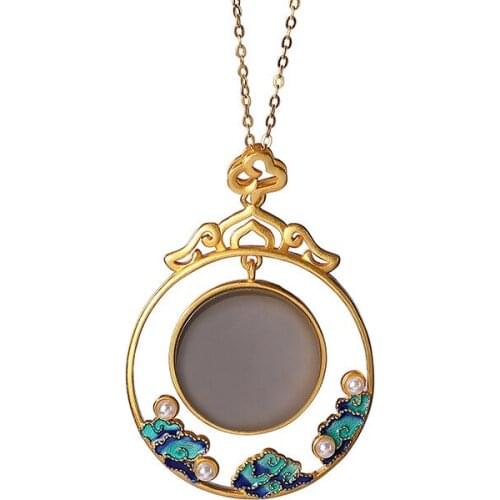S925 sterling silver gold plated cloisonne Hetian smoke mauve Jade Pearl auspicious cloud peace buckle ladies' pendant