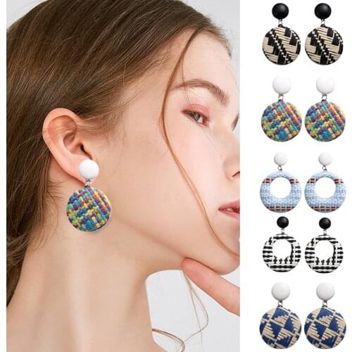 Bohemian Korea Handmade Geometric Rattan Straw Weave Knit Vine Drop Earrings for Women Wood Earring Jewelry