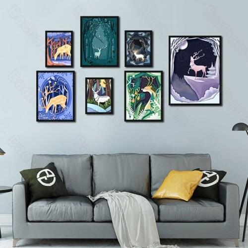 Modern Minimalist Living Room Decoration Painting Triptych Hanging Painting Restaurant Wall Painting Cartoon Jungle Elk Painting