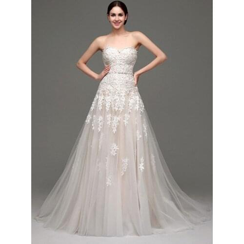 Wedding Dresses Champagne Tulle Strapless Sweatheart Lace Sash Bridal Gown