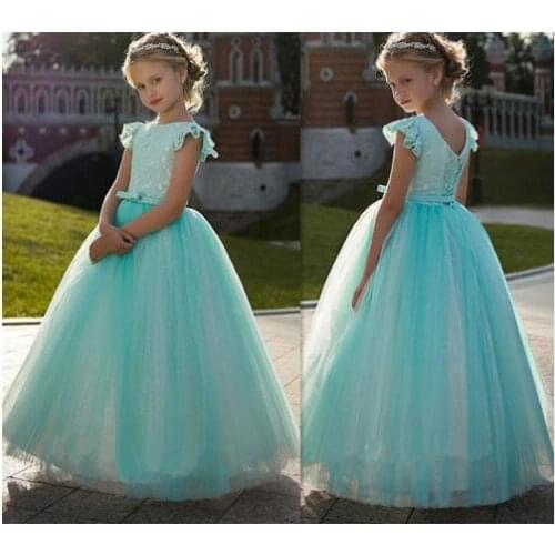 Vintage Sky Blue Lace Flower Girl Dress For Kids Party Lace Up Back Princess Gowns For Cute Girl Robe De Soiree