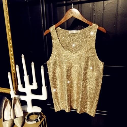 Sequined Golden Vest Shirt for Women Korean Style Slim Fit Knitted Tank Top 2021 Summer Female Clothes