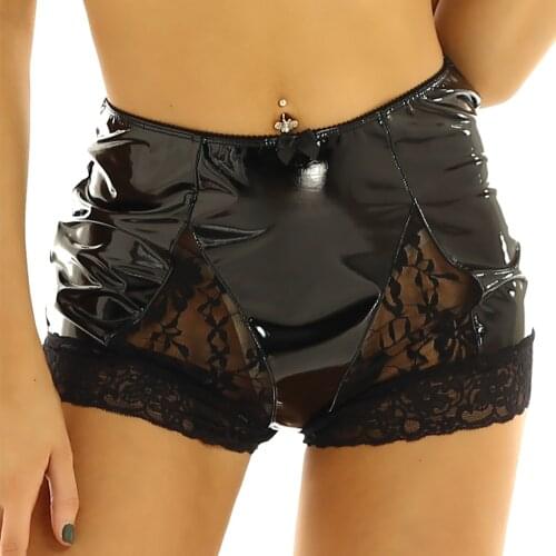 Women Erotic Hot Sexy Shorts Latex Lingerie Pole Dance Costume Wetook Patent Leather Lace Patchwork High Waist Shorts Underwear