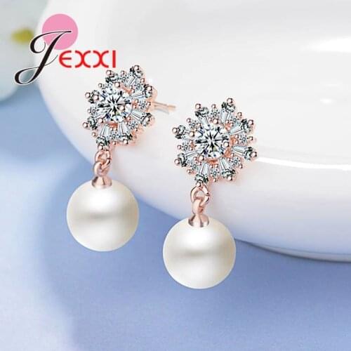 Big Slowers Luxurious Crystals Pearls Design 925 Sterling Silver Women Lady Wedding Engagement Fancy Drop Earrings