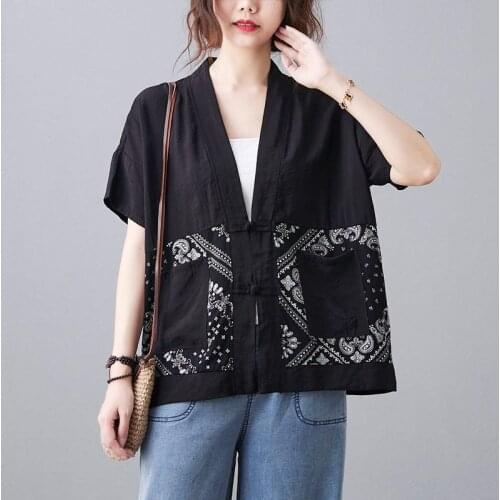 2021 Summer Tencel Cotton Sunscreen Thin Coat Retro Printed Stitching Short Sleeve Ramie Outer Shirt Women Blazer Tops zh953