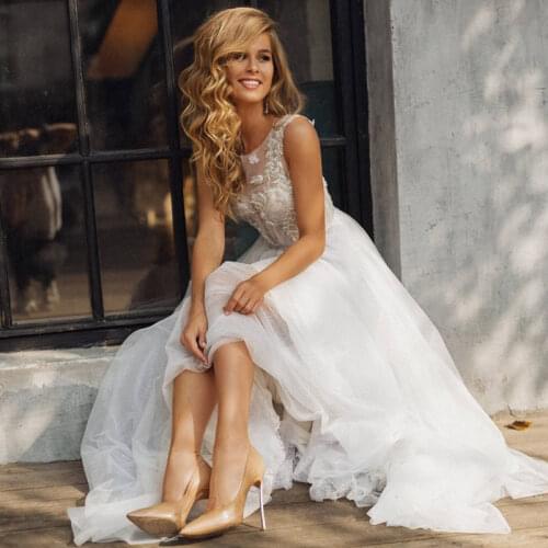 Vestido de noiva Cheap Boho Wedding Dress 2021 Ivory Lace Appliques Sexy Sleeveless Beach Bridal Dress Wedding Gowns платье