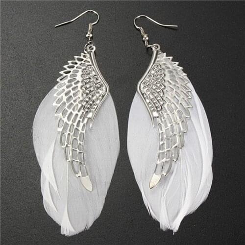1 Pair Retro Angel Wings Feather Shaped Earrings Alloy Woman Ear Studs Color White Charming Jewelry
