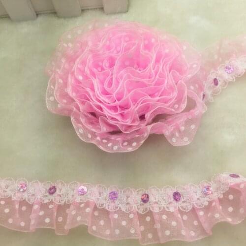 New 5 yards 2-Layer 30mm Pink Printed Polka Dot Organza Lace Gathered Pleated Sequined Trim