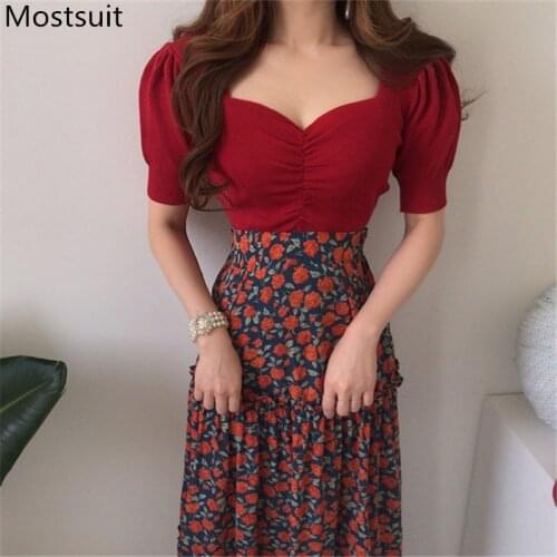2020 Summer Korean Fashion 2 Piece Skirt Sets Outfits Women Short Sleeve Tops + High Waist Chiffon Printed Long Skirt Ladies Set
