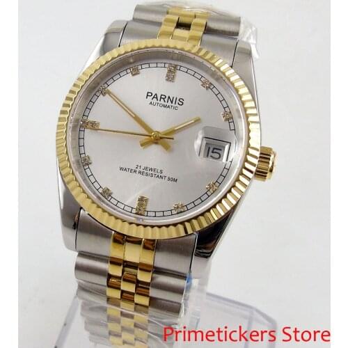 36mm Parnis white dial sapphire glass date stainless steel strap with gold plated automatic mens watch