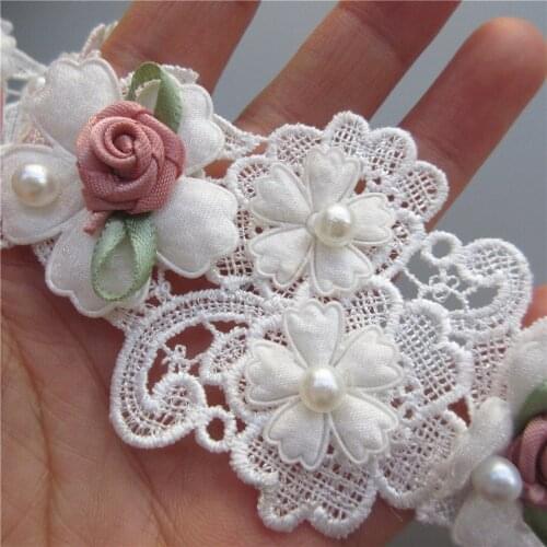 5x 3D White Pearl Rose Flowers Lace Ribbon Embroidered Lace Trim Applique Fabric DIY Wedding Dress Sewing Supplies Craft