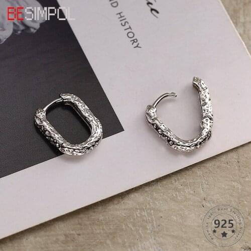 Besimpol Real 925 Sterling Silver Stud Earrings Minimalist Irregular Texture Oval Earrings For Women Luxury Fine Jewelry Gifts