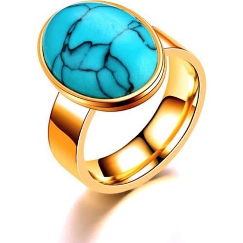 FYSL Light Yellow Gold Color Oval Shape Green Turquoises Stone Finger Ring for Gift Charm Jewelry