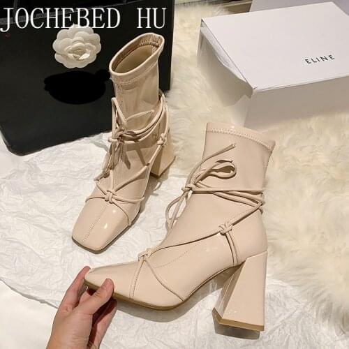 【JOCHEBED HU】2021 winter high-heeled square-toed boots but knee-high boots cross straps stovepipe stretch boots woman shoes high