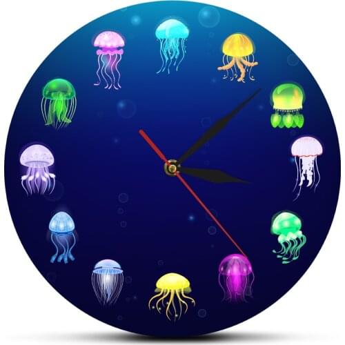 Colorful Printed Ocean Jellyfish Wall Clock Nursery Aquarium Decor Sea Jellies Decorative Wall Watch Marine Animals Wall Art